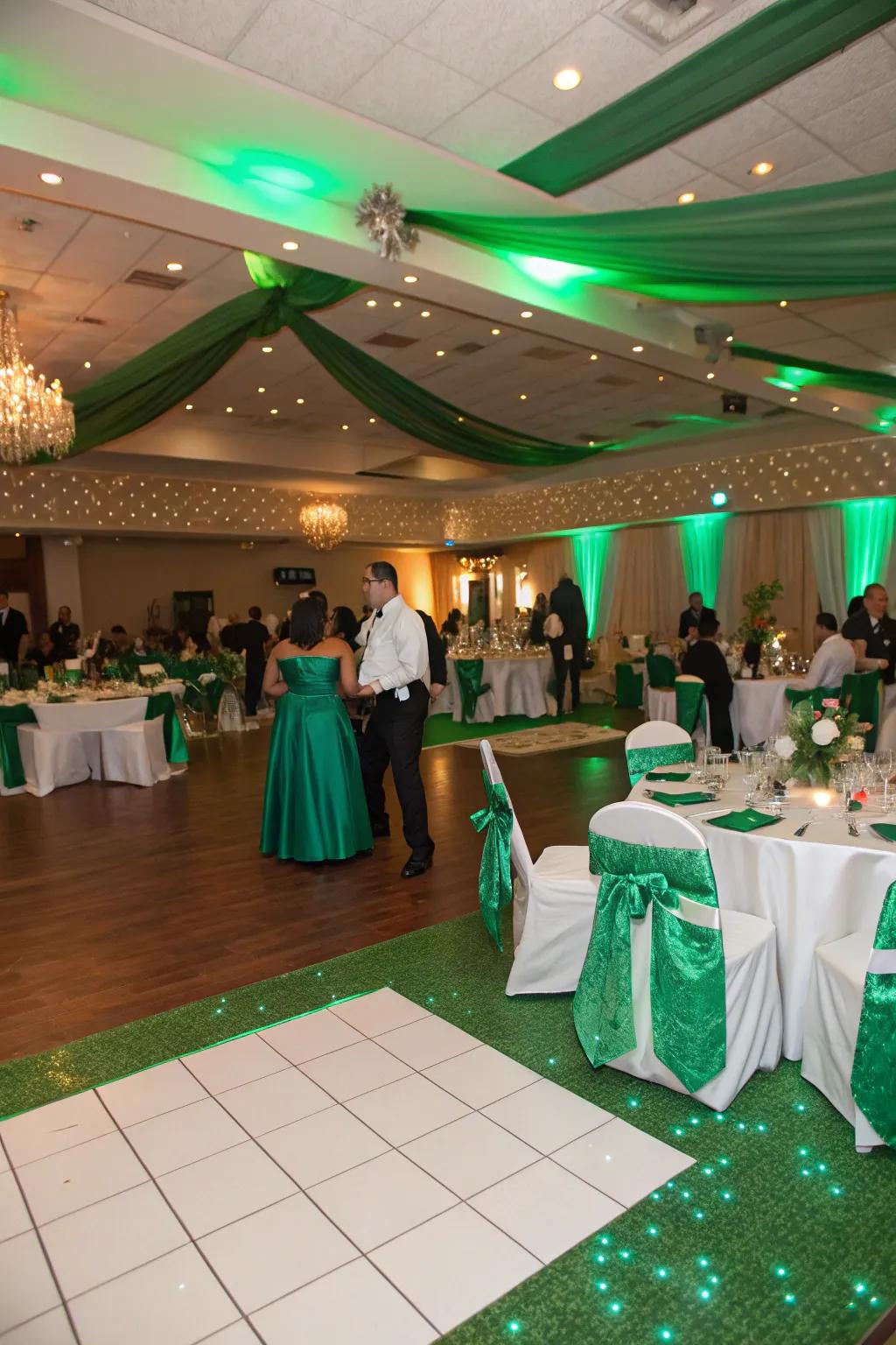 Gathering decorations enhanced with emerald accents.