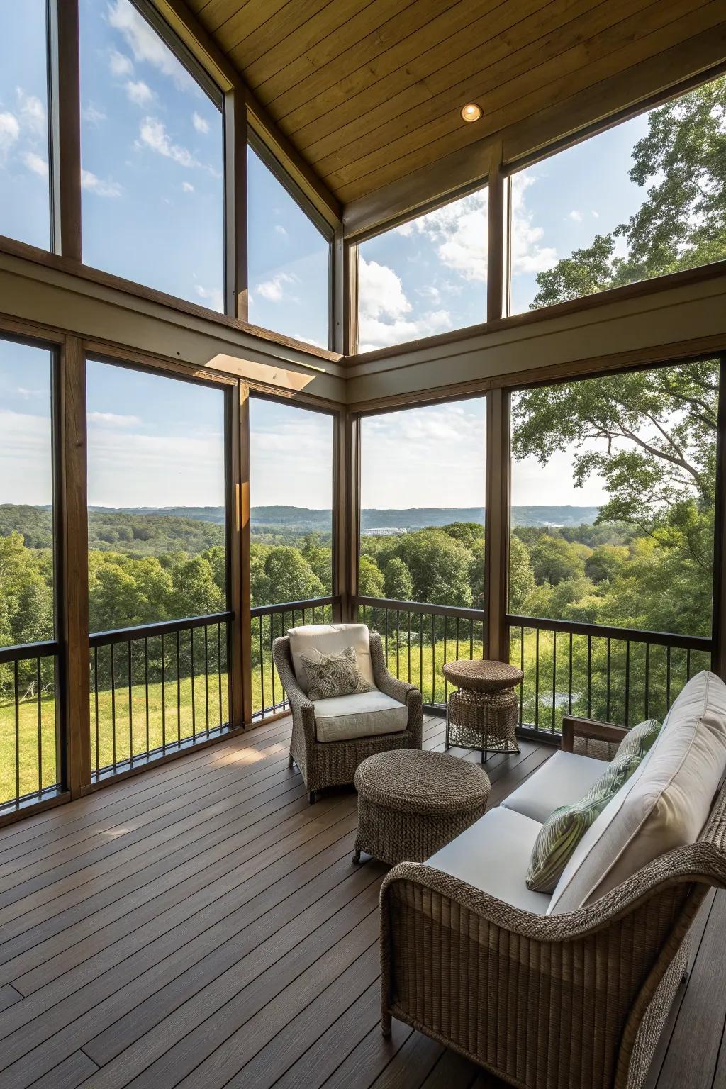 Sustaining a connection with nature through expansive windows on a sheltered patio.