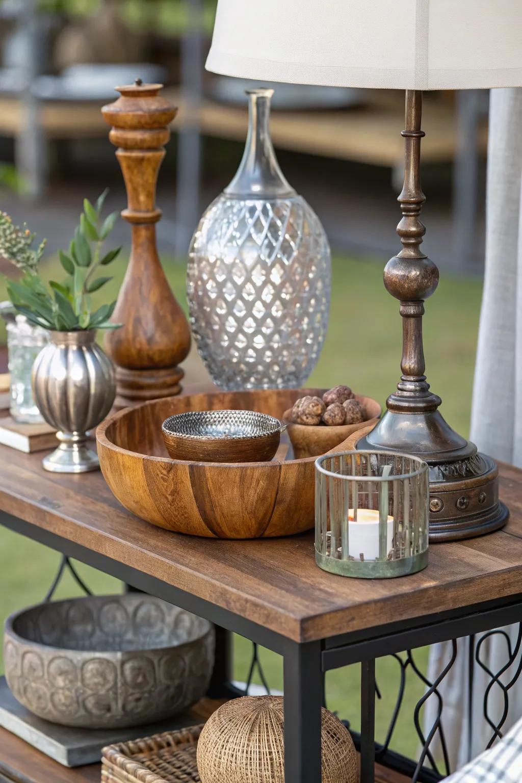 Mixed materials create texture on a side table.