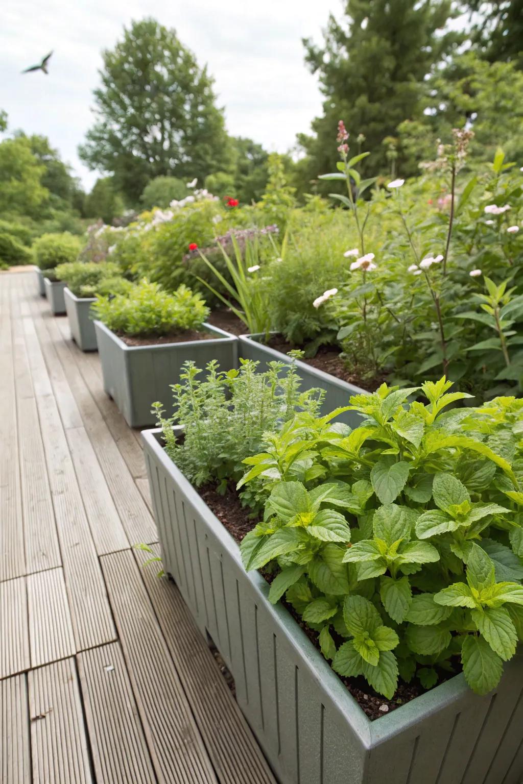 Herb-filled troughs add fragrance and function to the garden.