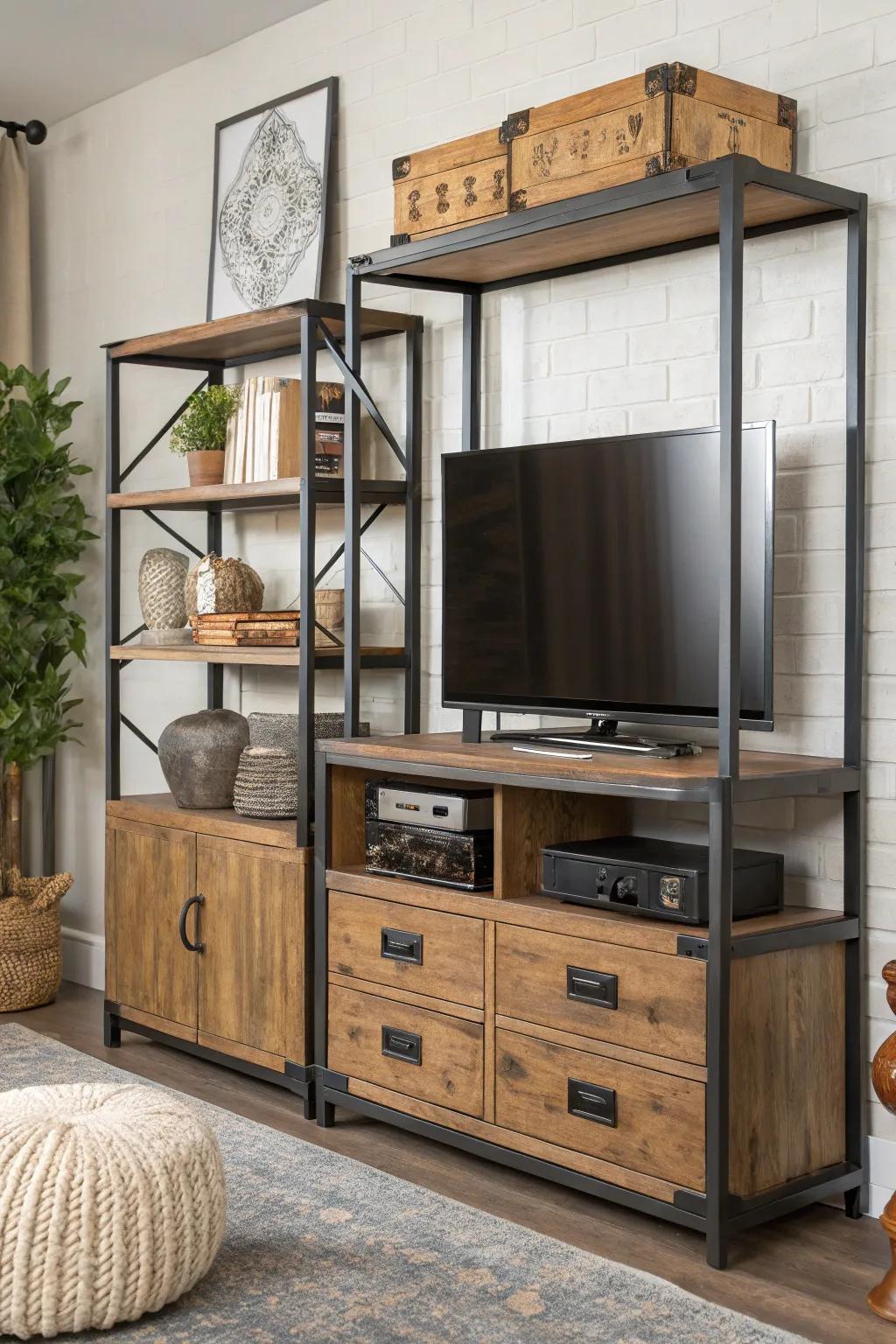 A variety of materials create dimension in this media hub decor.