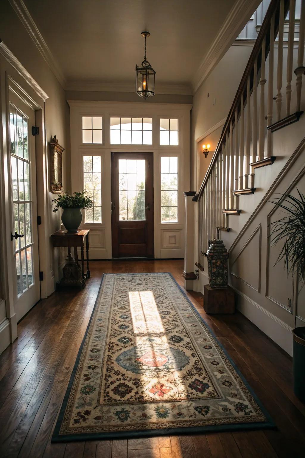 A cozy rug adds warmth and texture to the entrance.