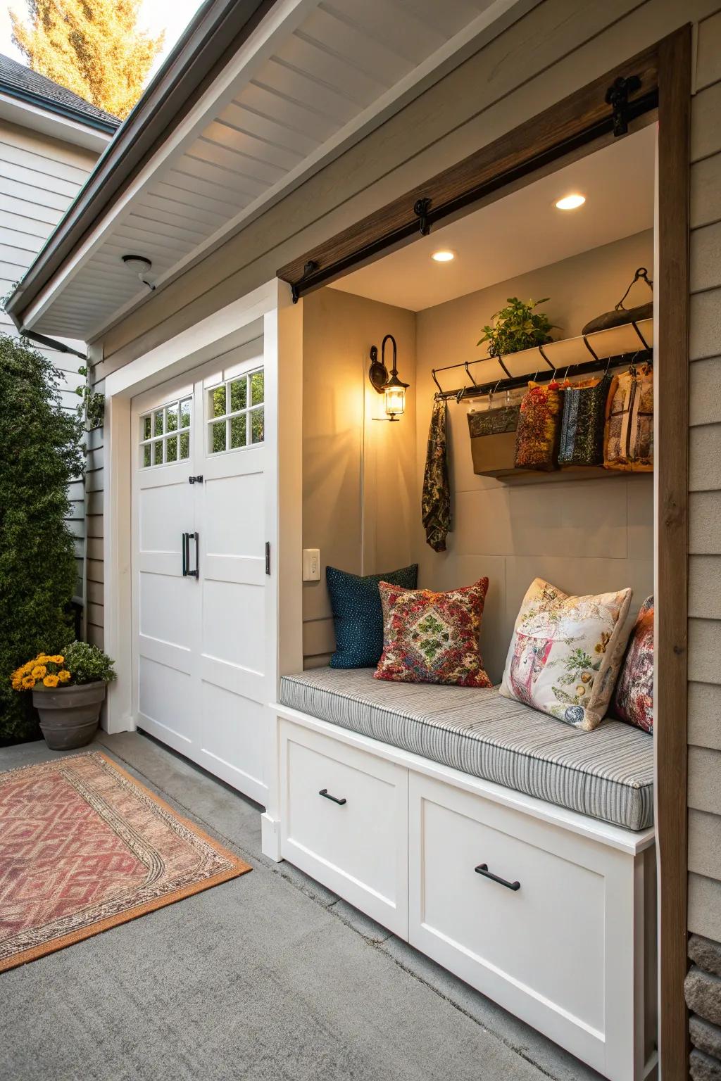 A storage bench provides comfort and organization.