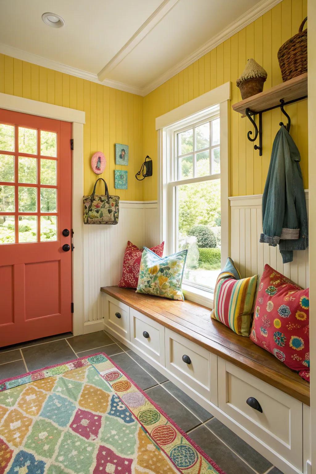 Bright hues transform this mudroom into a vibrant entryway.