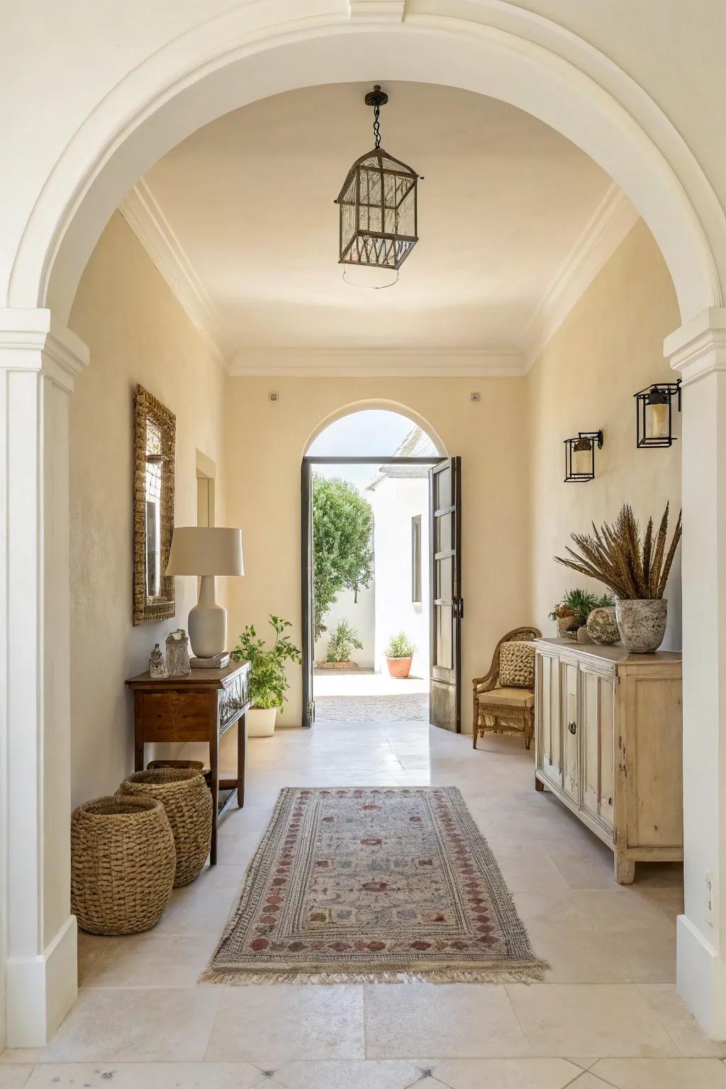 A foyer with light cream walls, designing a bright and airy feel.