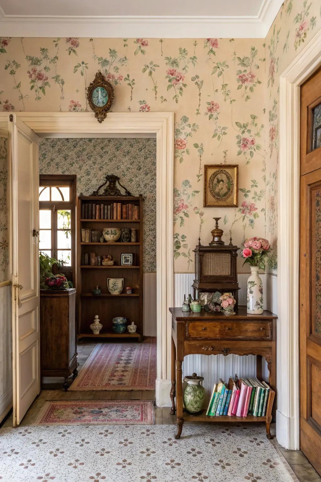 Charming entryway featuring vintage wallpaper that evokes nostalgia.