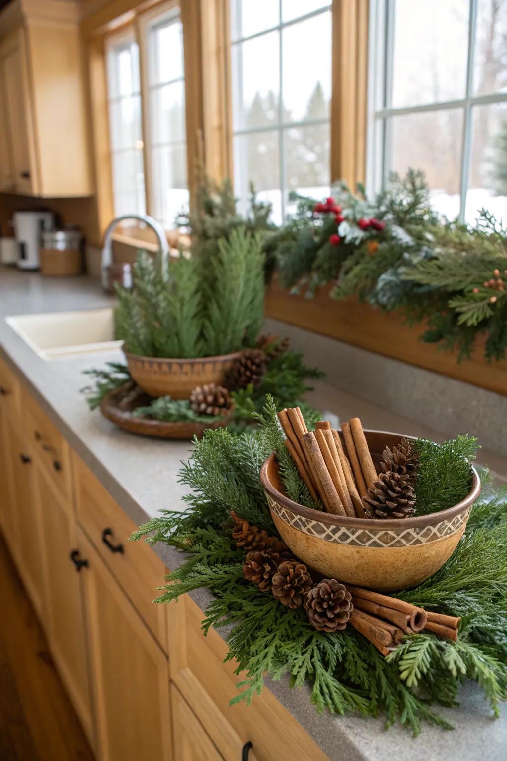 A fragrant swag featuring cinnamon sticks in a kitchen.
