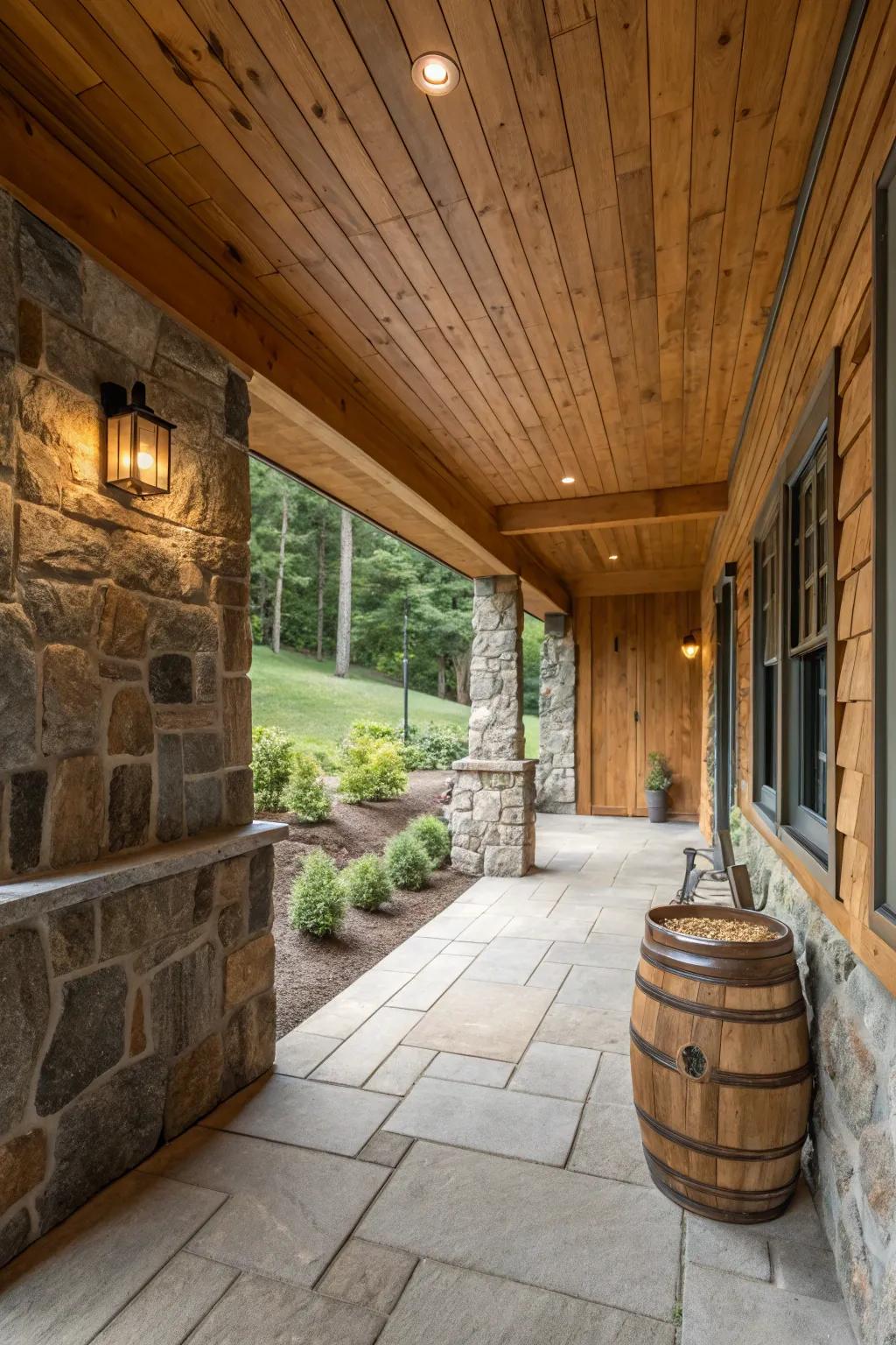 Timber and stone accents impart natural charm to a walkout basement.