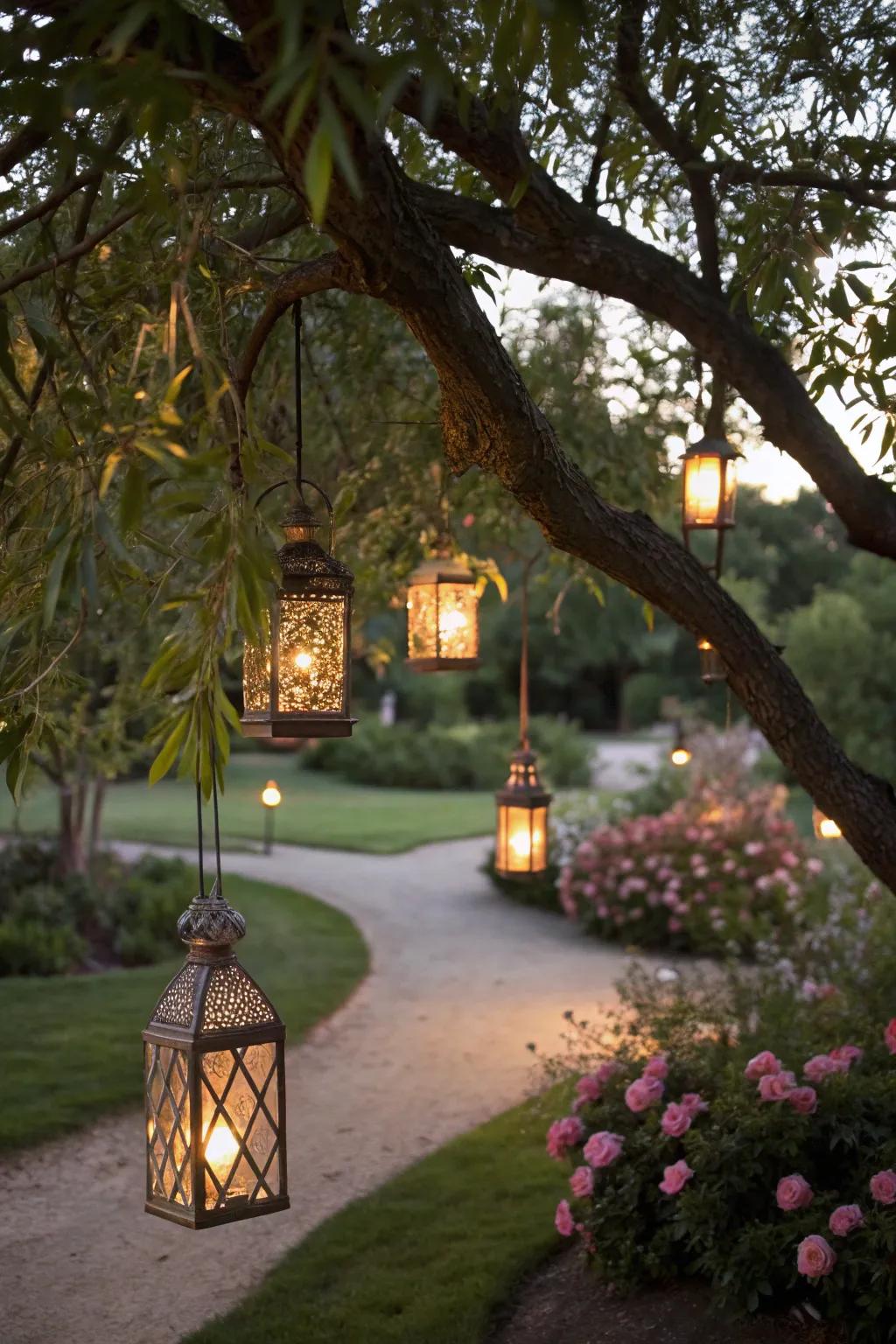 Tree lamps with ornamental lights create a magical garden feel.