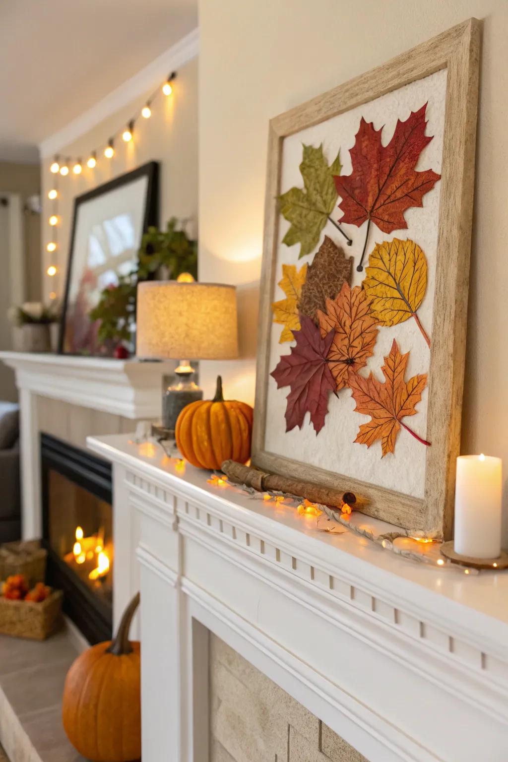 A fall mantel featuring a beautiful seasonal artwork.