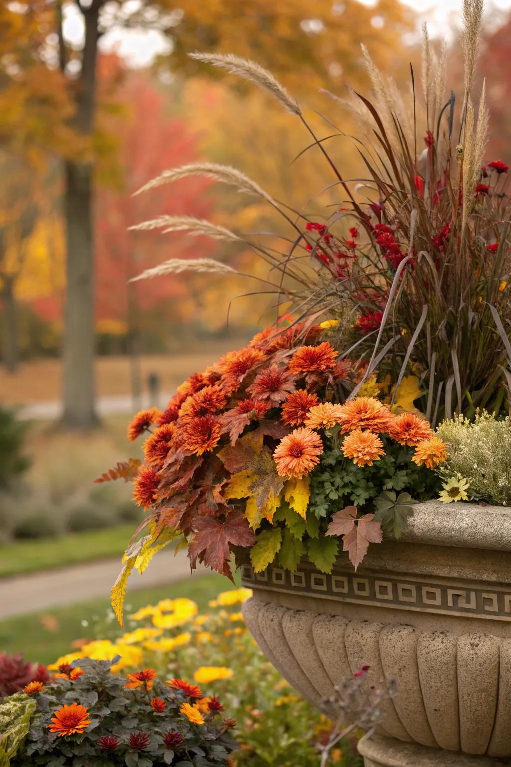 A variety of textures adds richness to fall containers.