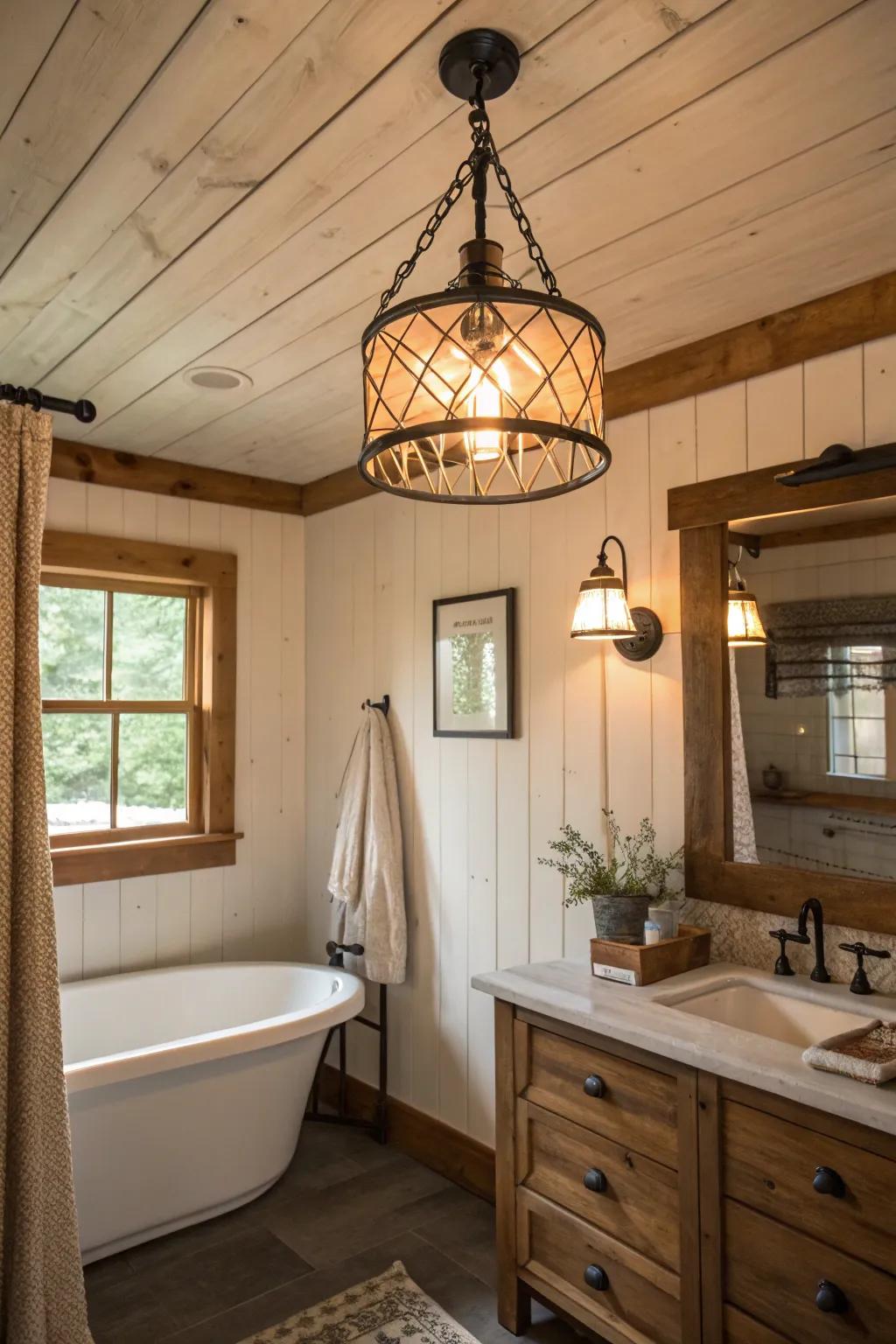 Hanging light fixtures give a country bathroom a hint of elegance.