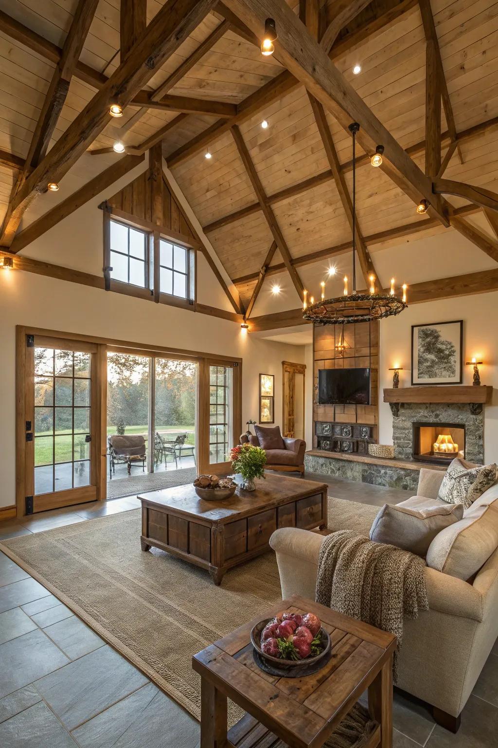 Flowing floor plans enhance the flow and connectivity of this farmhouse living area.