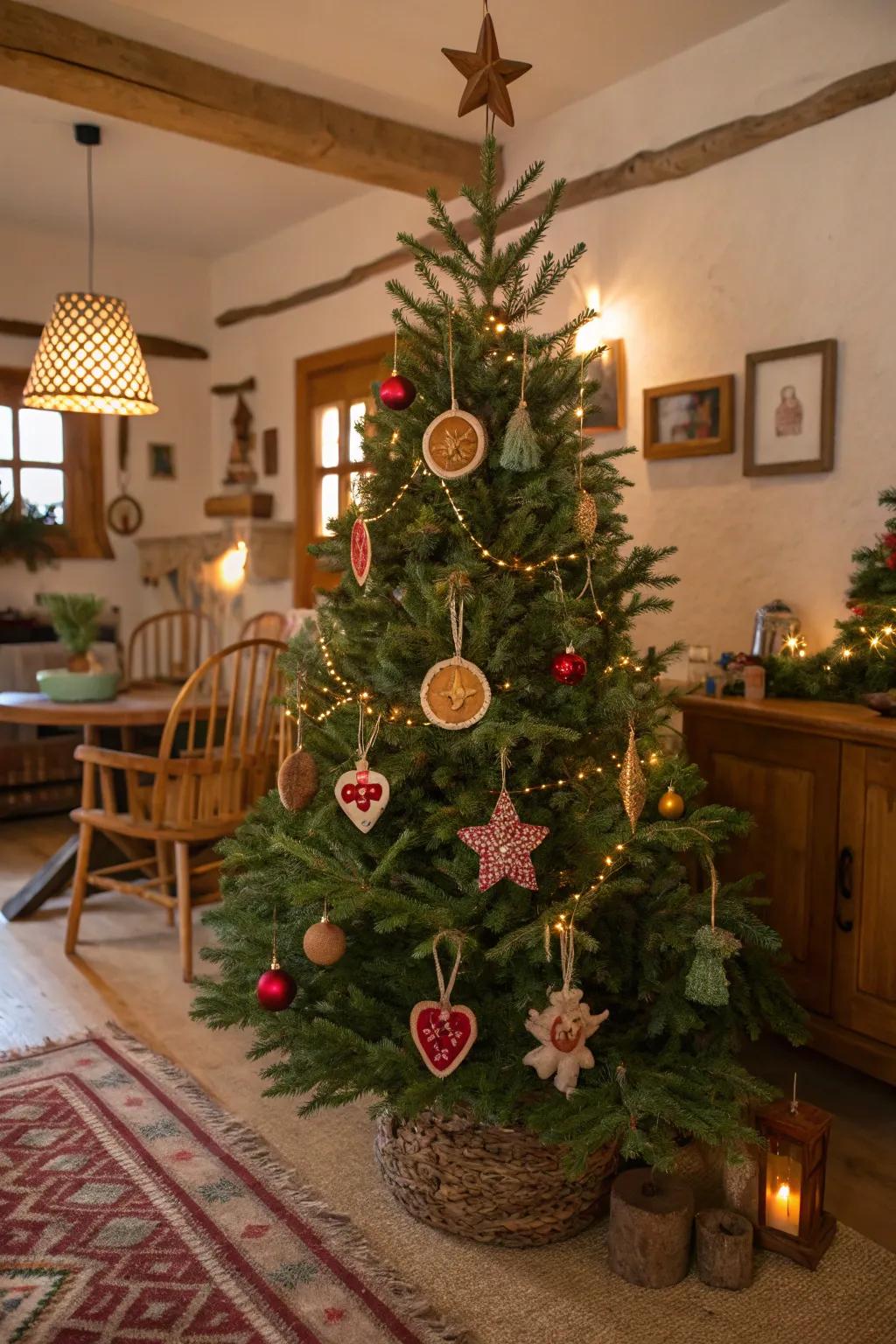 Bespoke decorations introduce a personal and appealing touch to this tree.