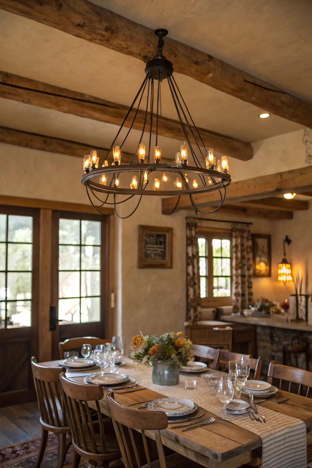 A fixture with filament bulbs casts a warm glow over this farmhouse dining room.