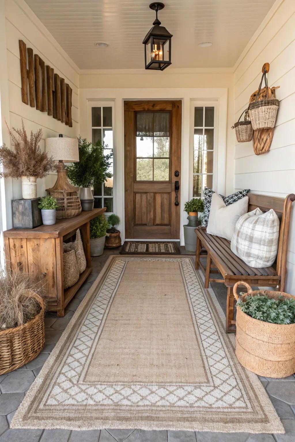An inviting entryway revitalized by a countryside style floor covering.