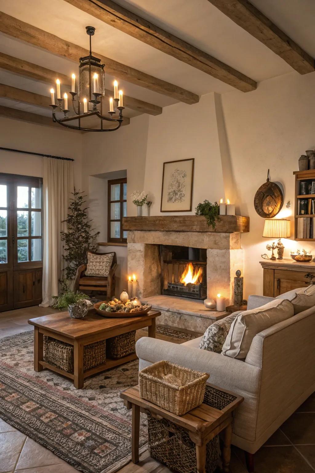 Pleasant illumination heightening the coziness of a farmhouse fireplace.