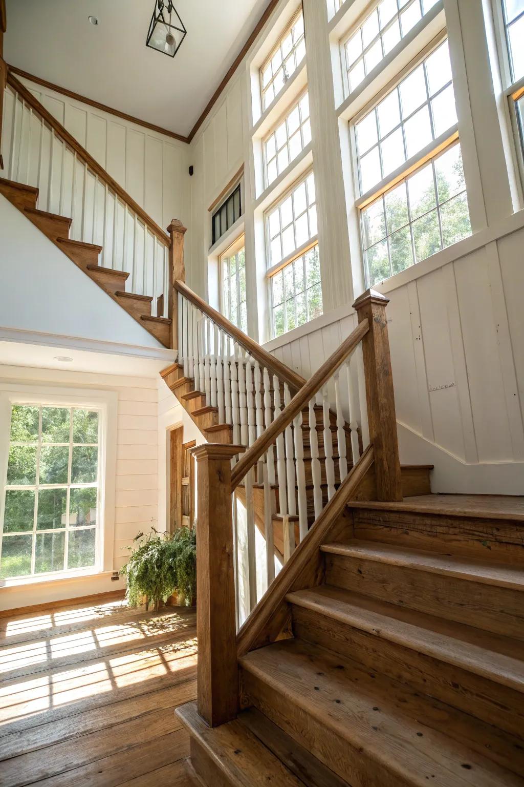 Open stairways maintain an airy feel in your farmhouse staircase.