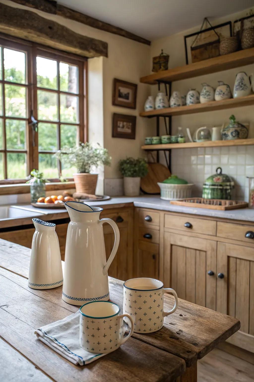 Functional design pieces adding charm and practicality to a farmhouse cooking area.