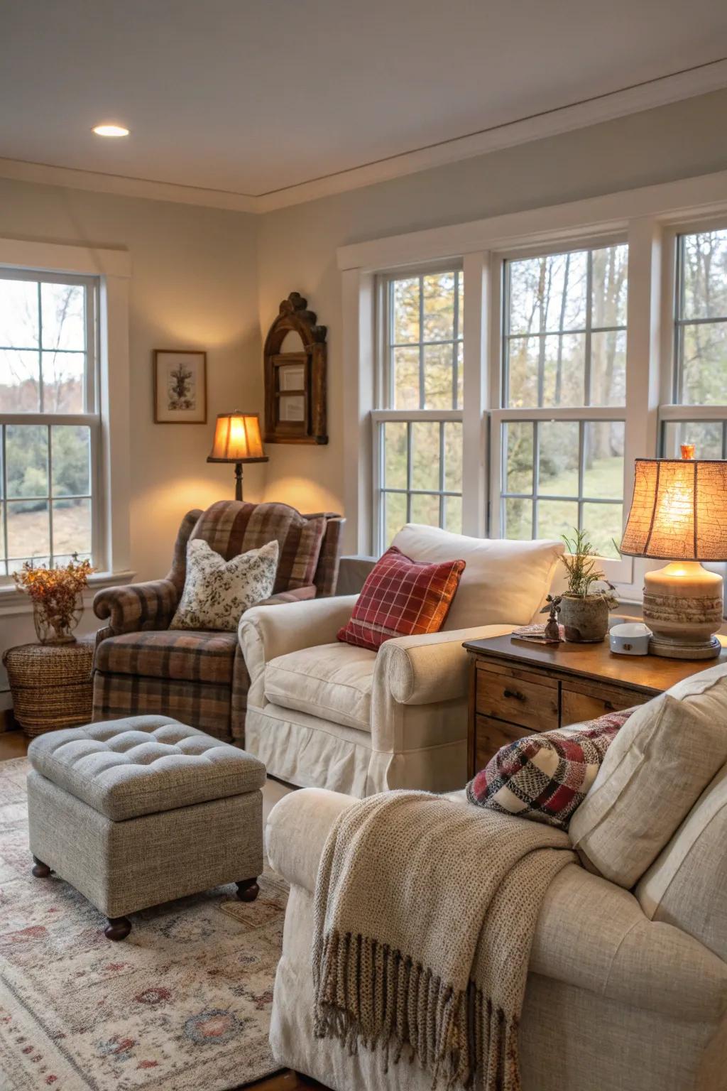 Comfortable seating encourages relaxation in this farmhouse living space.