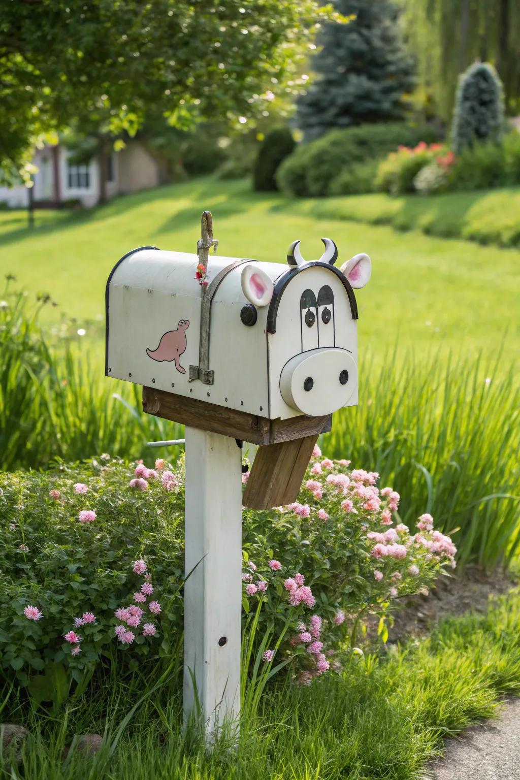A whimsical creature-shaped mailbox adds a playful touch to the farmhouse setting.