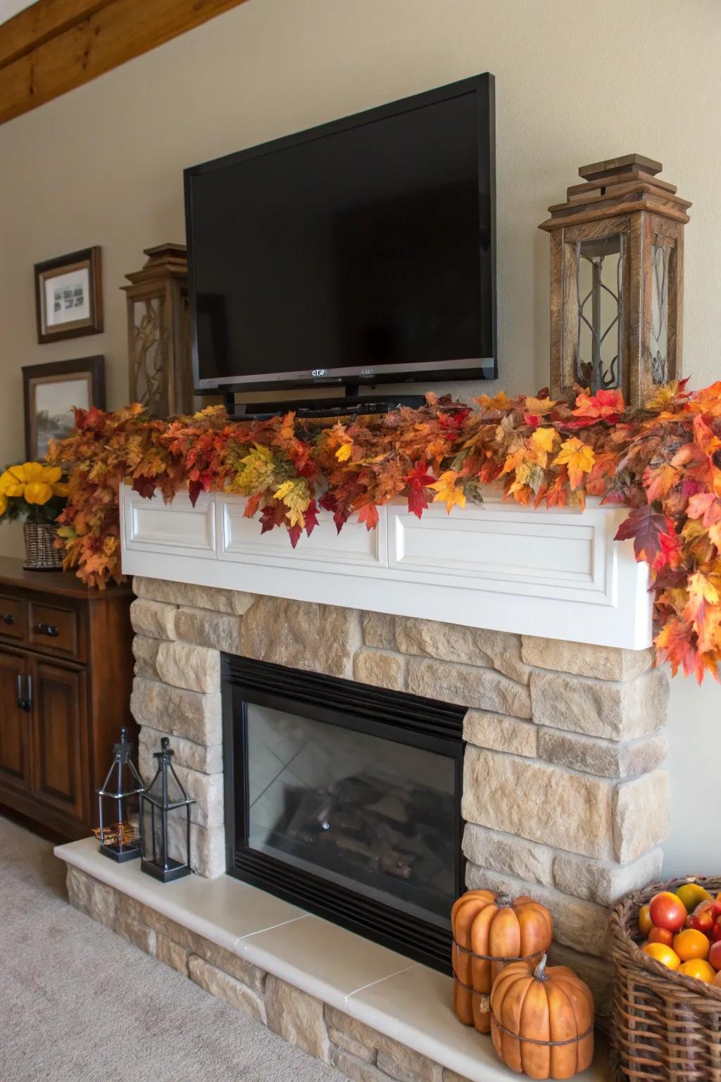 A farmhouse mantel with a TV above, featuring seasonal décor for a festive touch.
