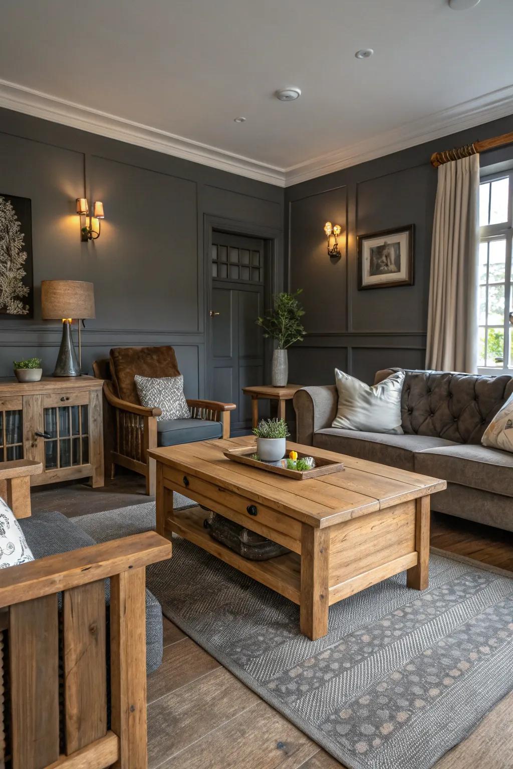 Deep gray walls evoke a dramatic yet inviting ambiance.