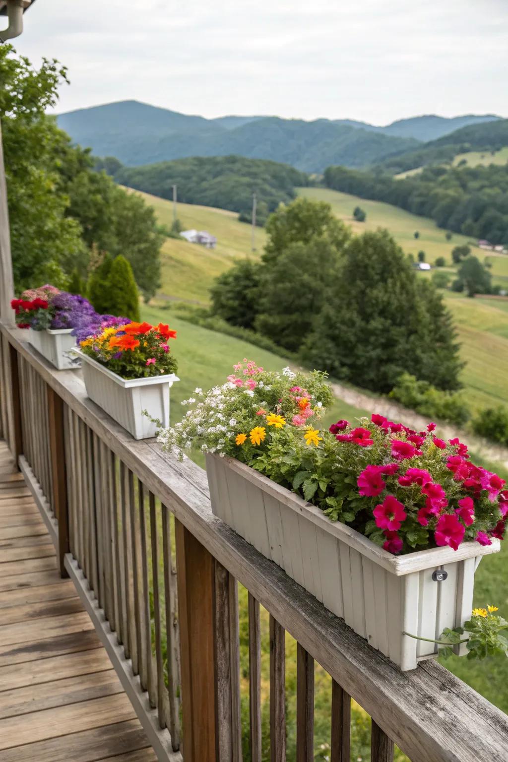 Blooming beauty: Flower boxes on deck railing.