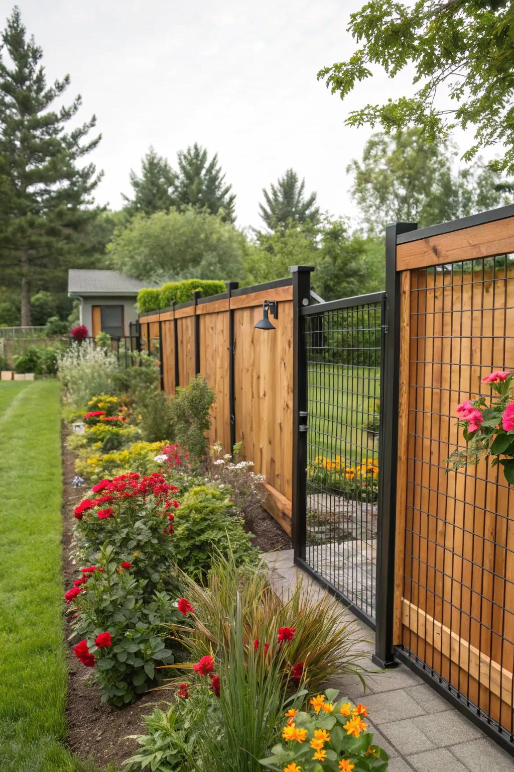 A combination of timber and metal materials forges a distinctive fence aesthetic.
