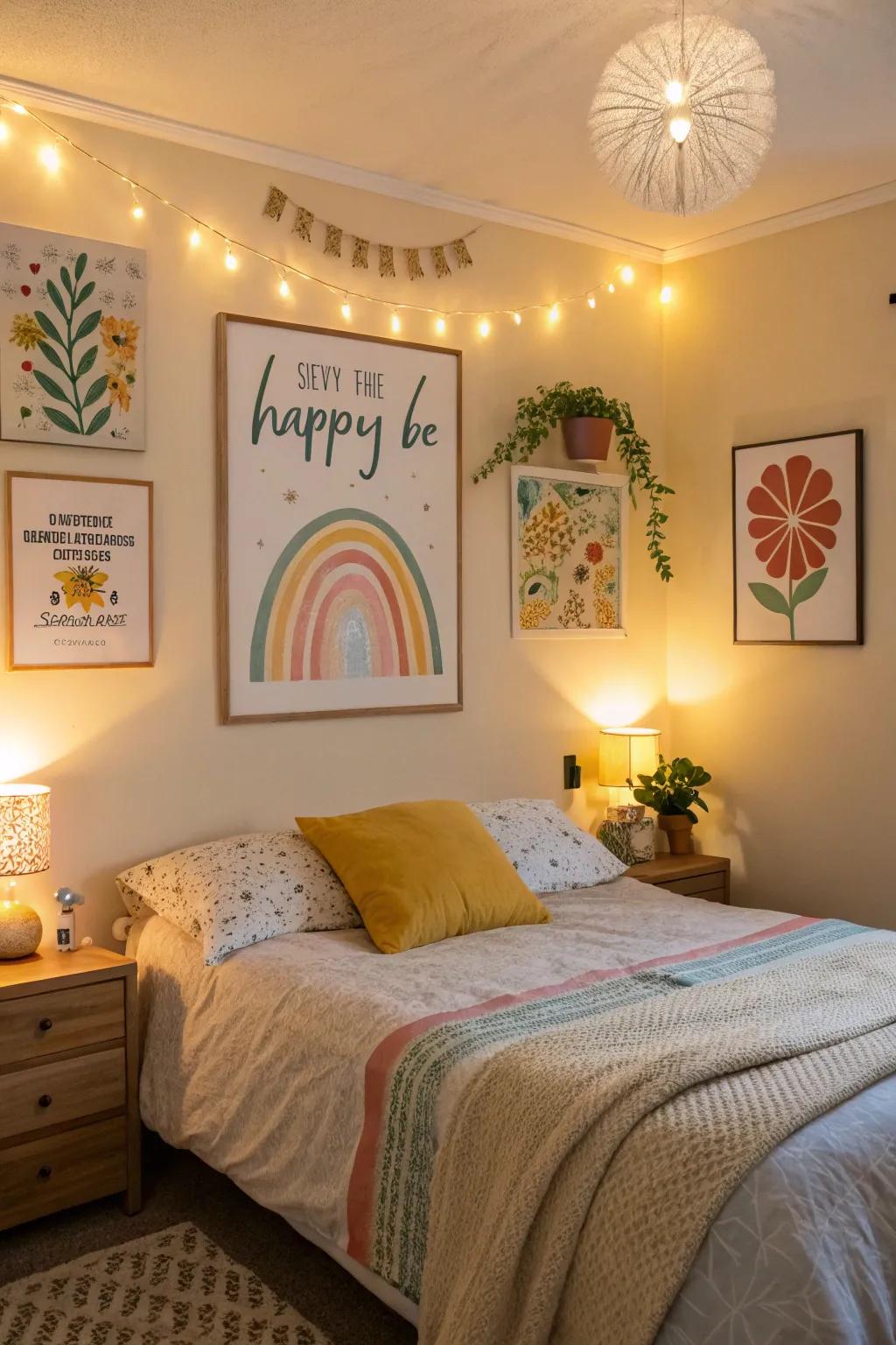 Inspiring art enhances the room's positive energy.