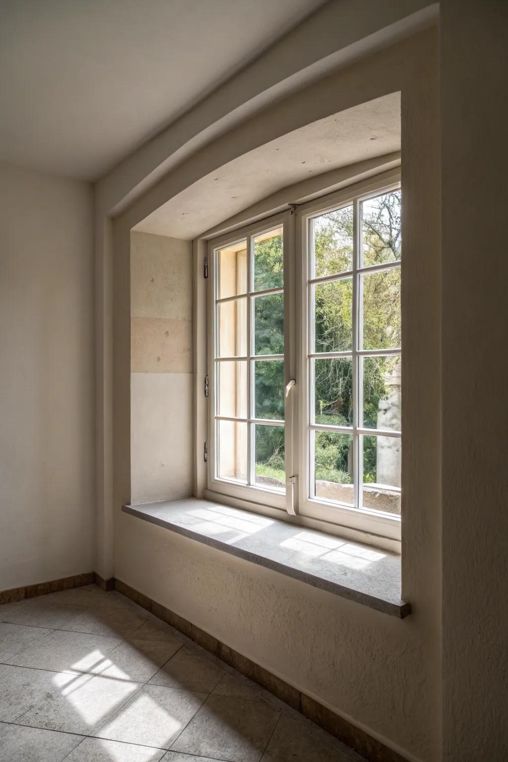 A minimalist approach results in a tranquil and clutter-free window area.