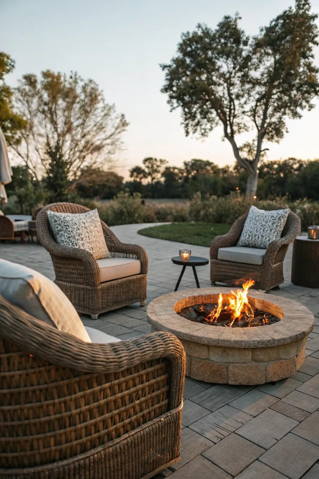 Wicker chairs add natural charm and warmth to your fire pit area.