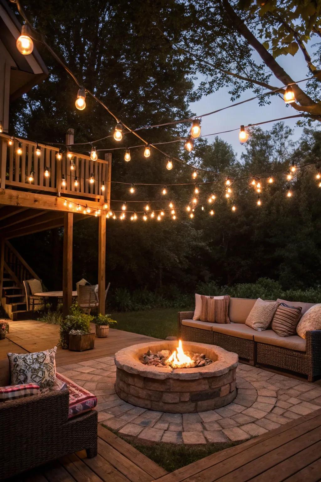 Hanging lights add a sparkling charm to your fire pit area.