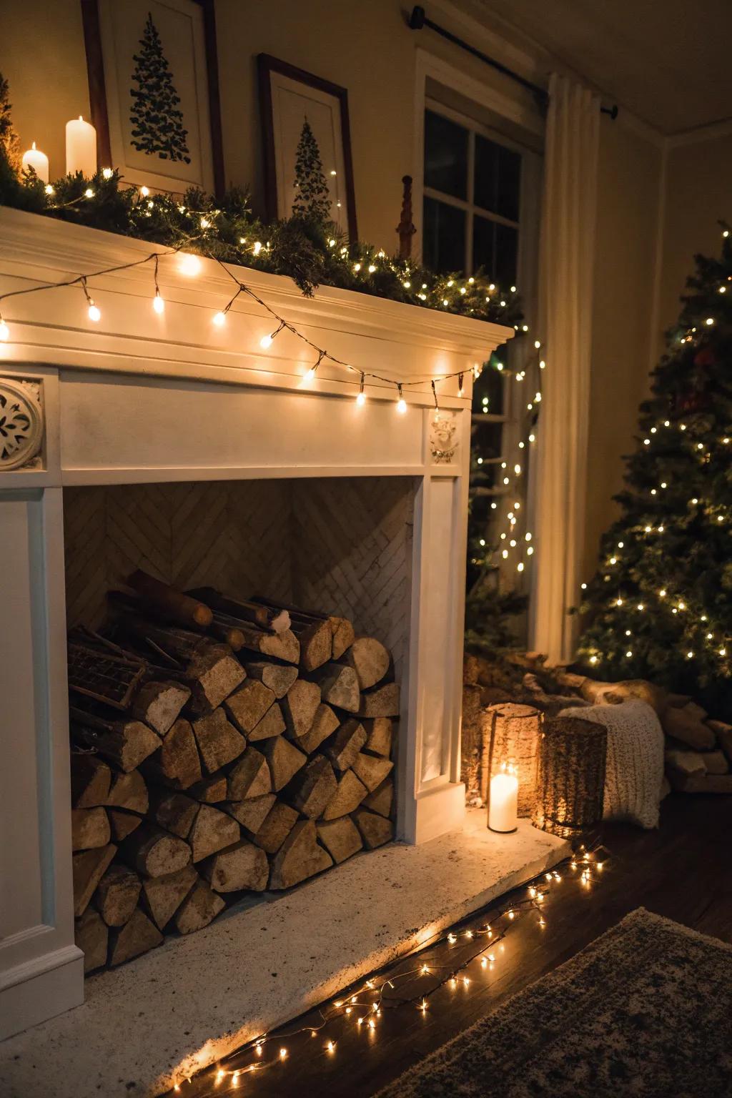 String lights add a charming illumination to firewood.