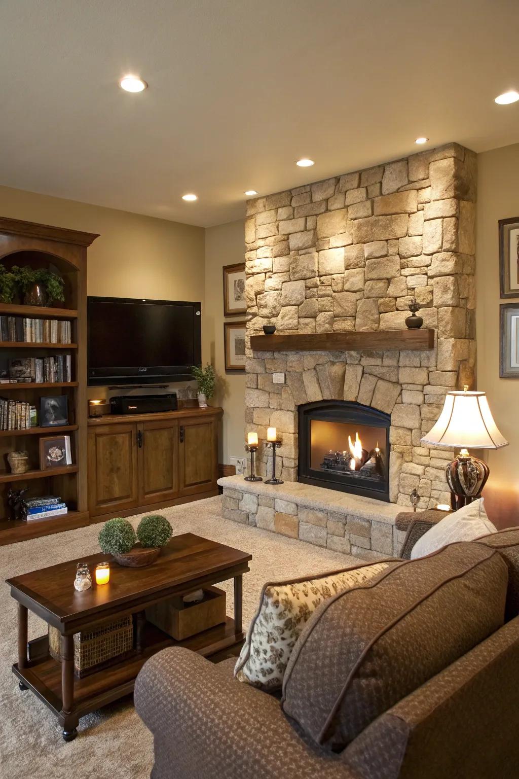 A family room showcasing a natural stone fireplace wall through a TV.