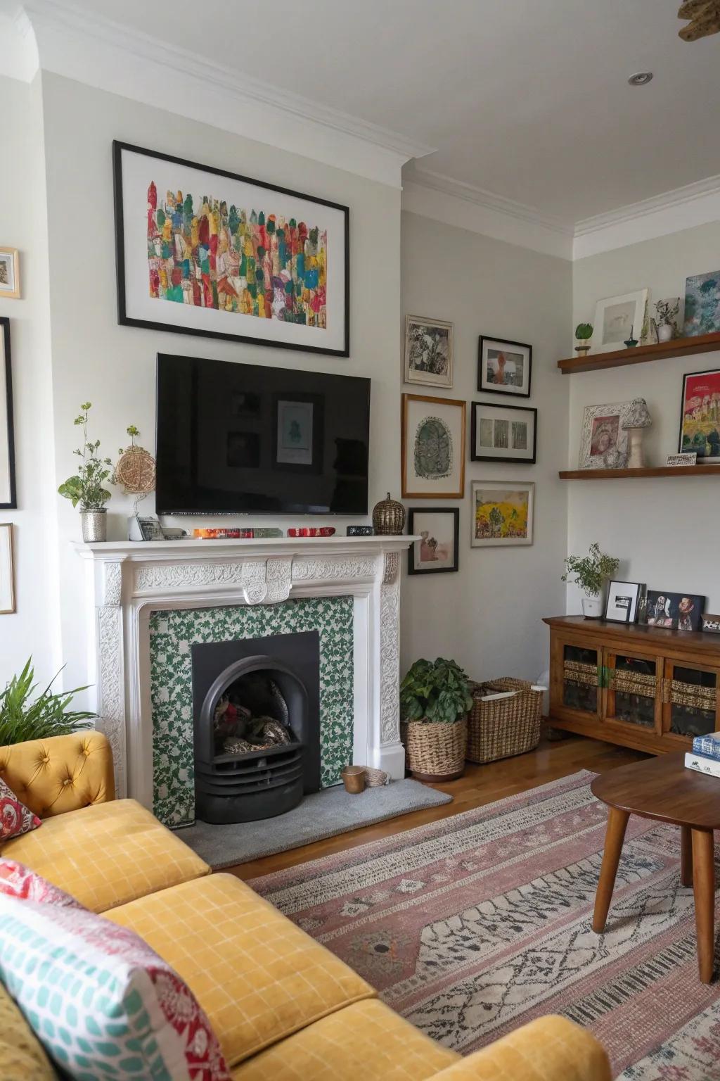 An individualized living room with a TV over the fireplace.
