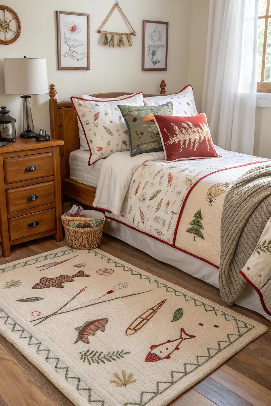 Accessories featuring fishing gear unify the room's theme.