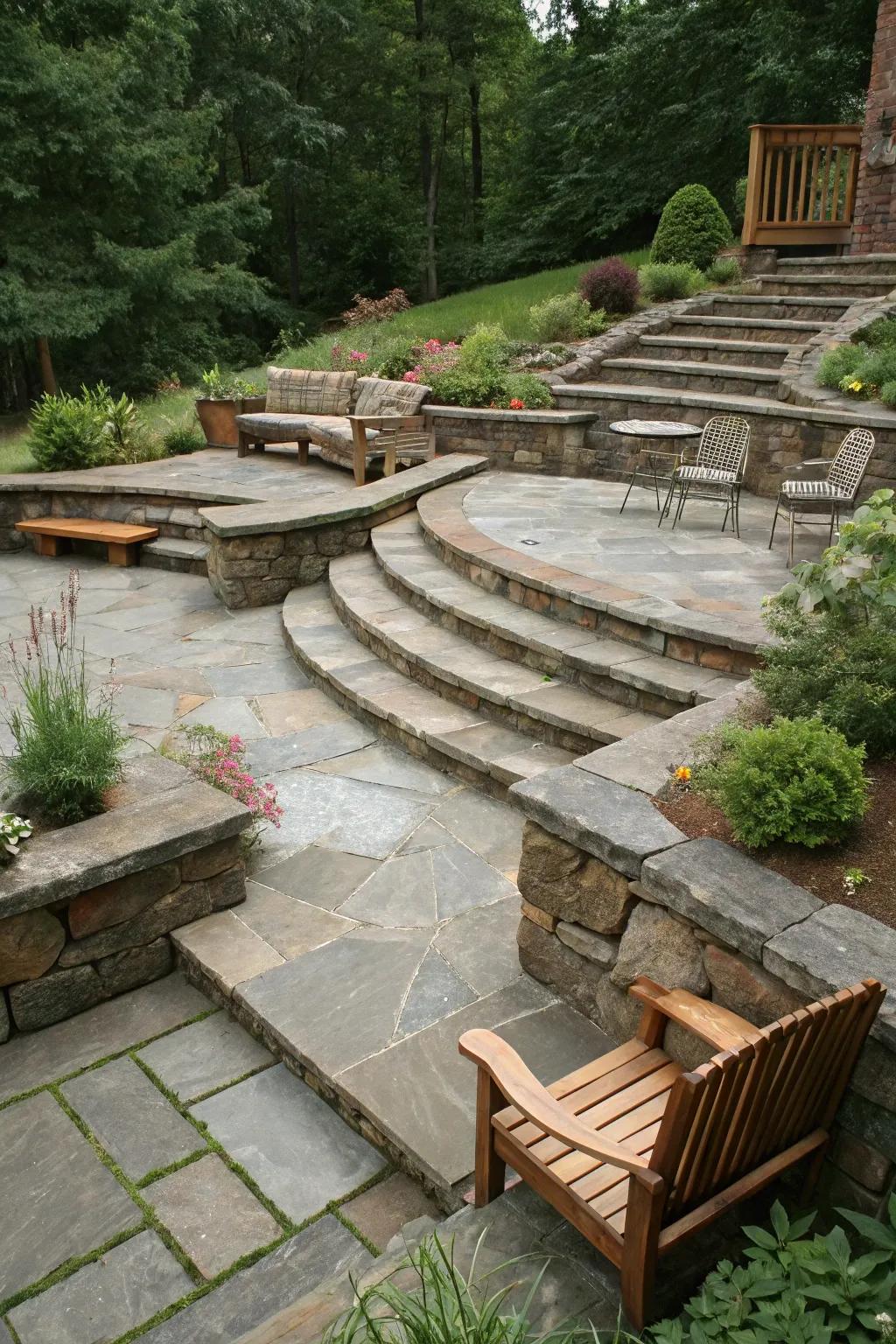 A sophisticated elevated flagstone patio.
