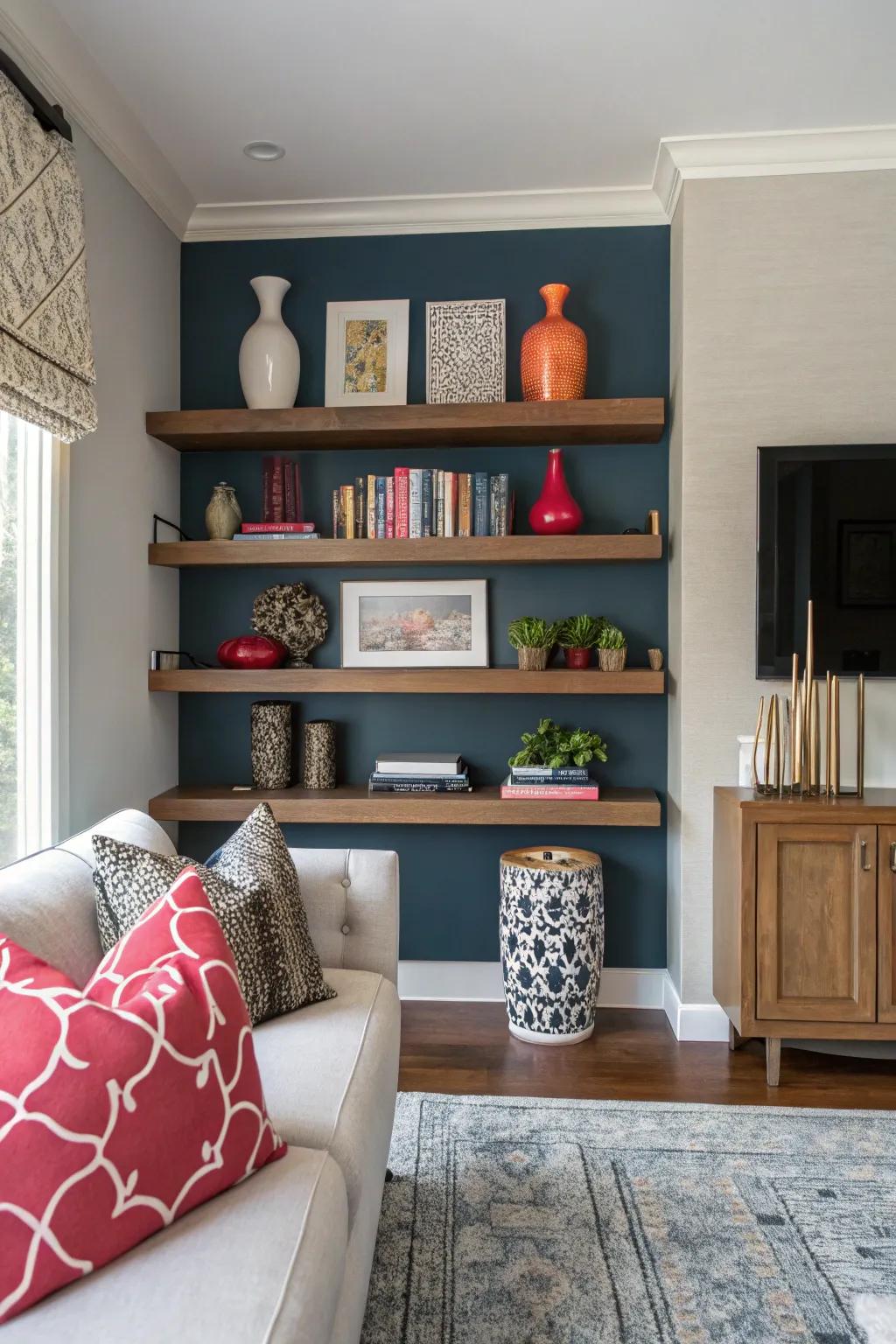 Shelves pop with a bold background.