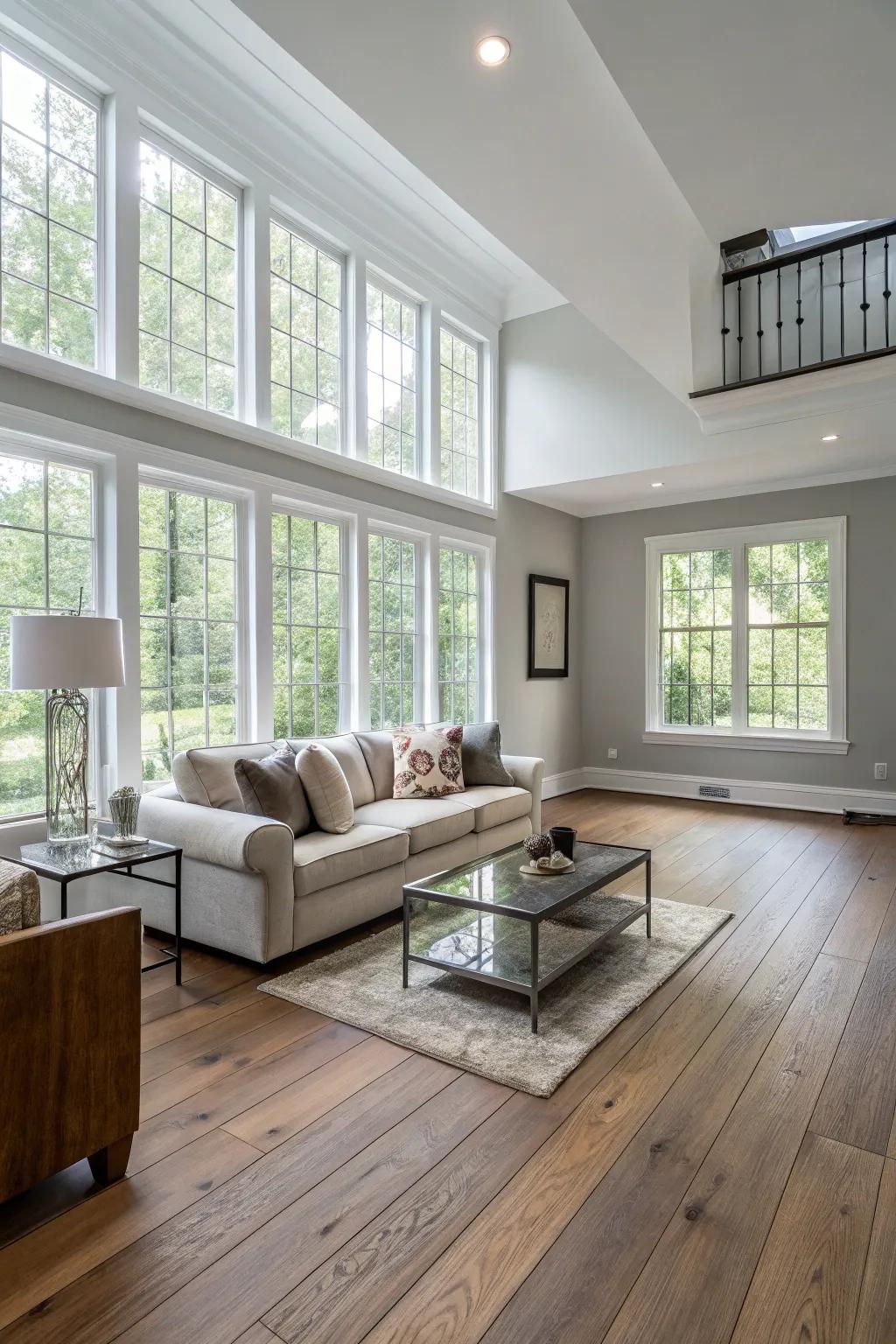 Extended plank wood floors enhance the spaciousness of a room.
