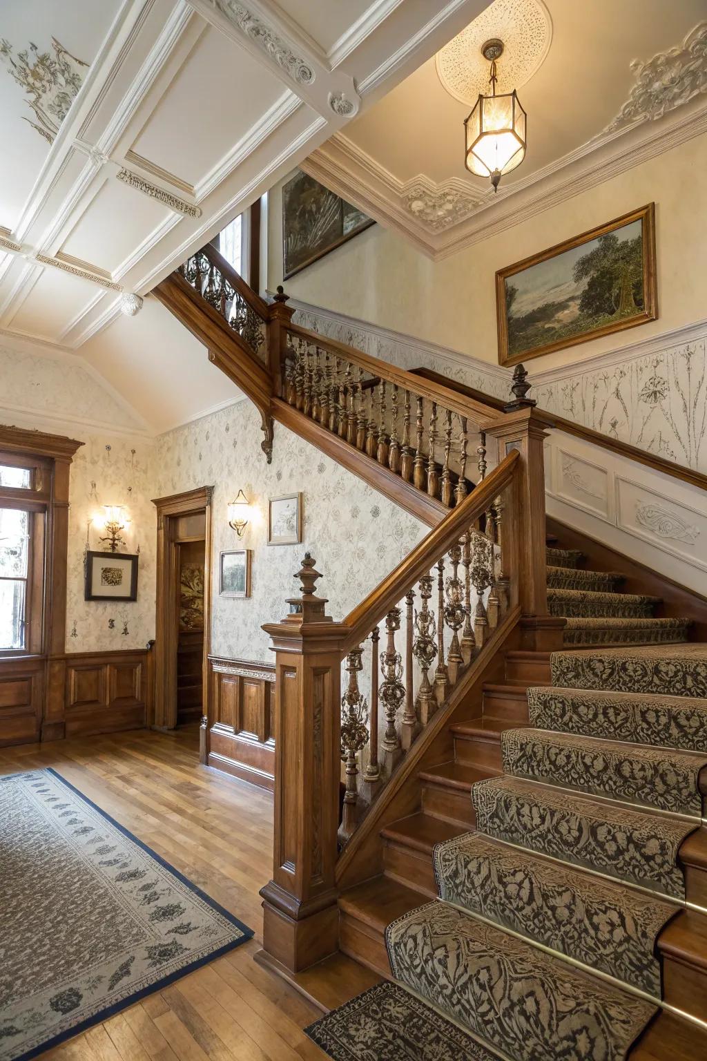 Classic wood railings add timeless charm to any staircase.