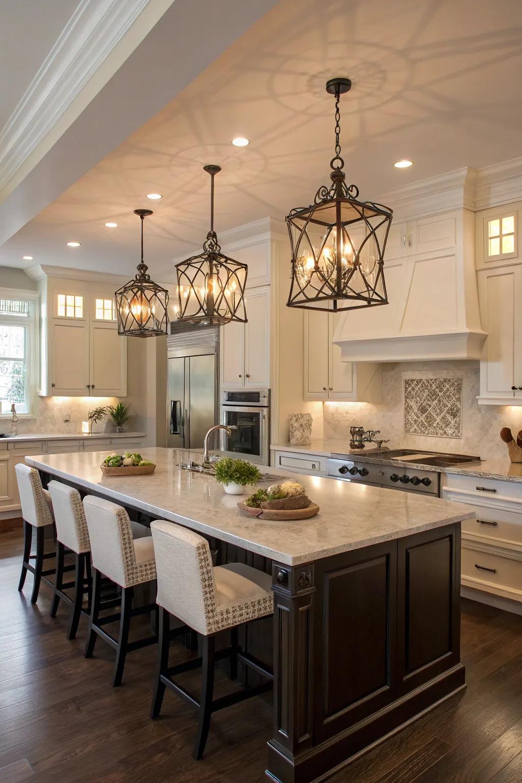 Statement lighting as a central feature in a stylish kitchen.