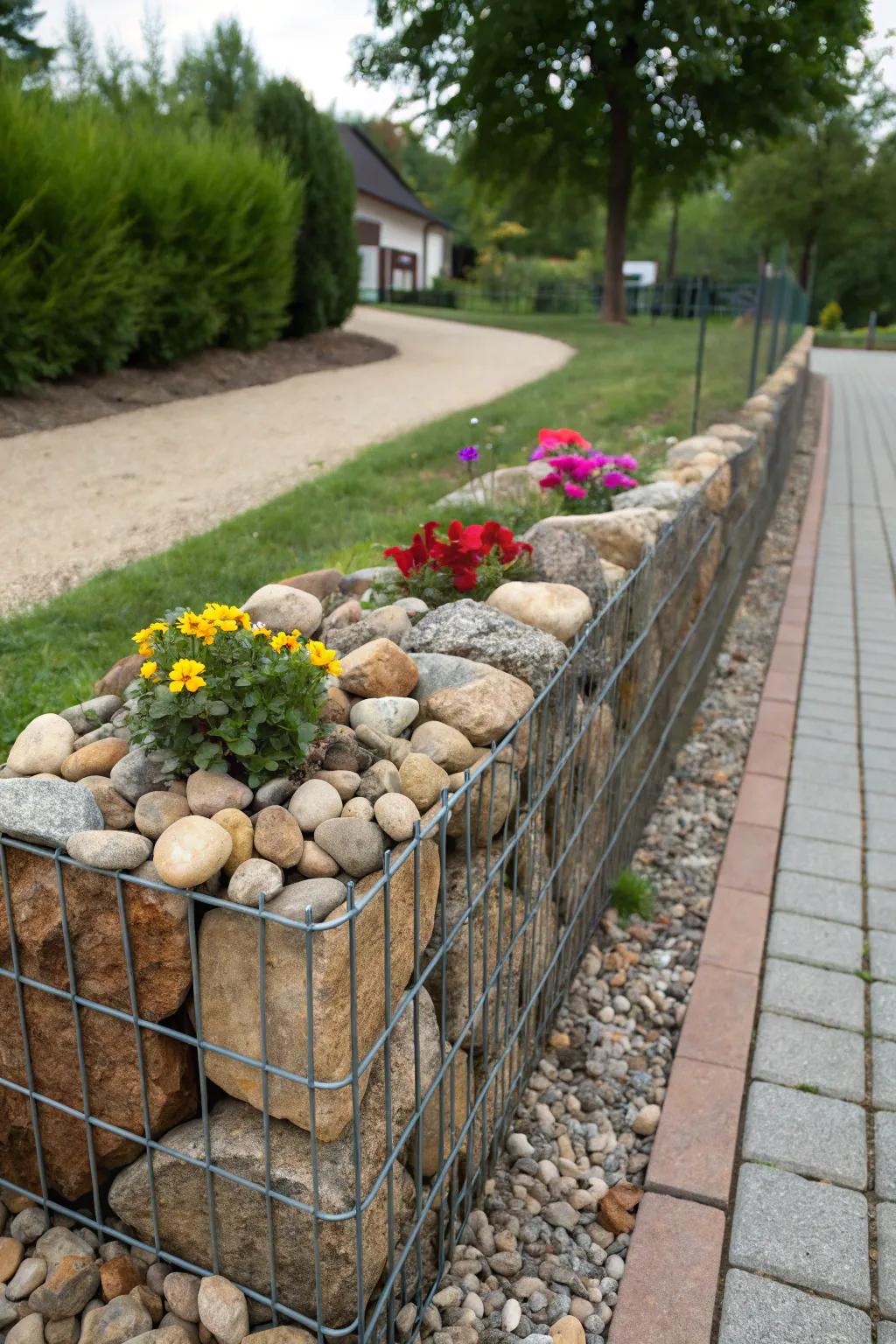Gabion walls delivering an arresting and textured flower bed border.