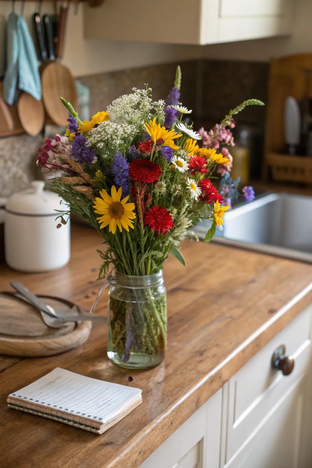 A rustic flower bouquet enhancing the cozy charm of a country-style kitchen.