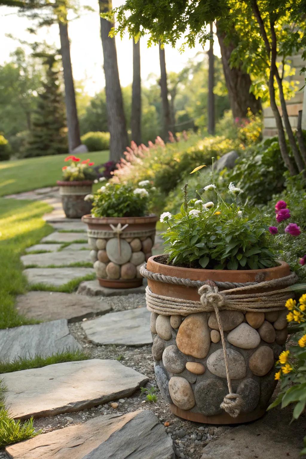 Incorporate organic components for an earthy flower container embellishment.