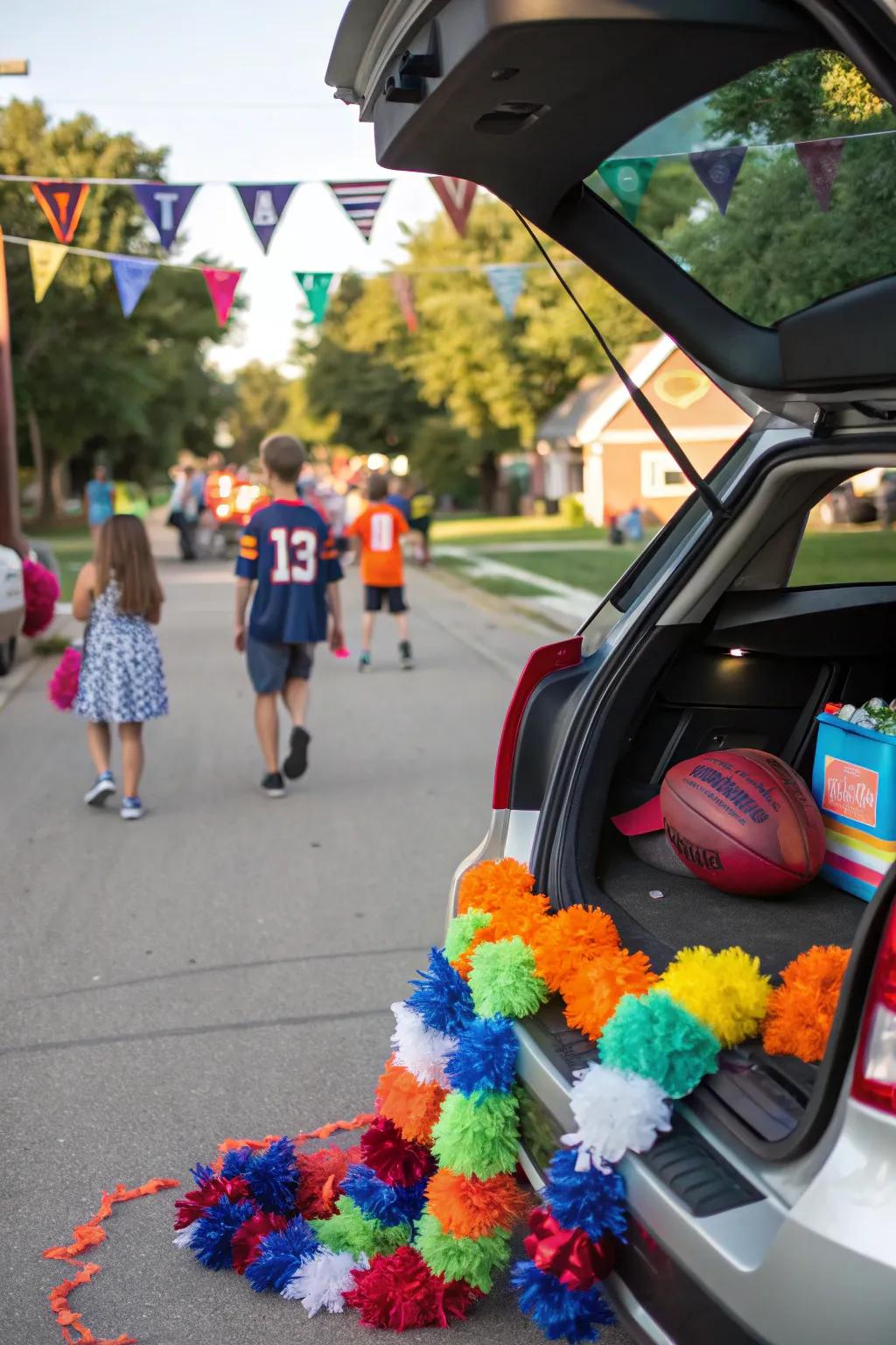 Pom-poms bring energy and excitement to your football-themed trunk.