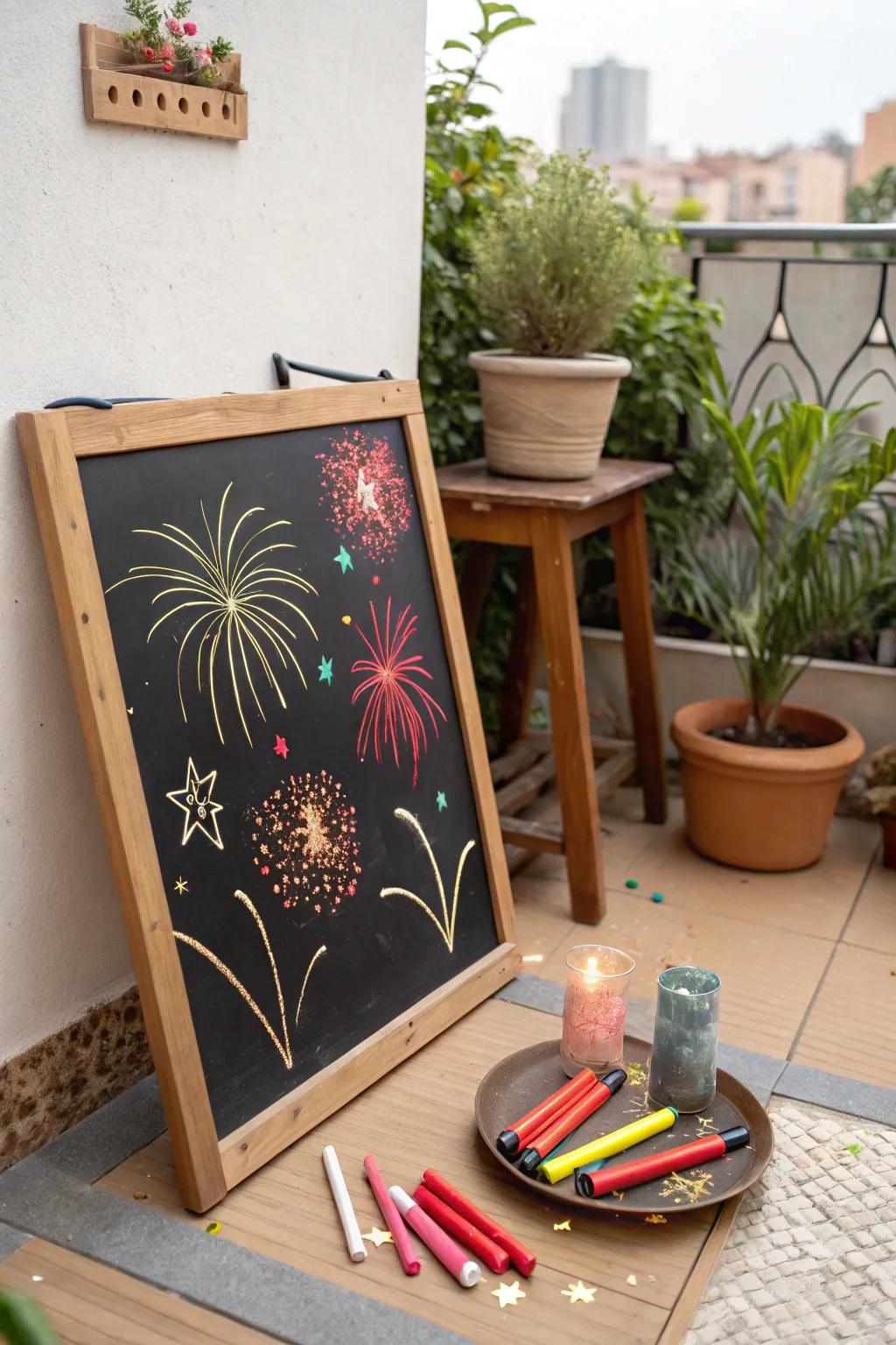 Firecrackers and sparkles add playfulness to this chalkboard art.