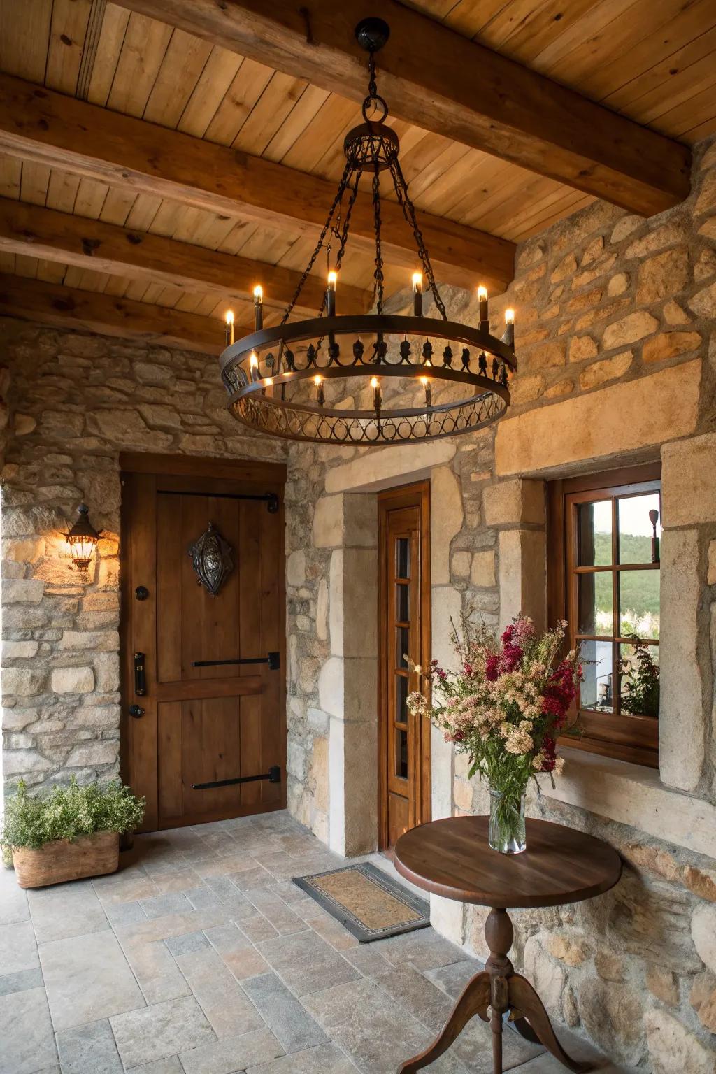 Rustic lighting enhances the farmhouse vibe.