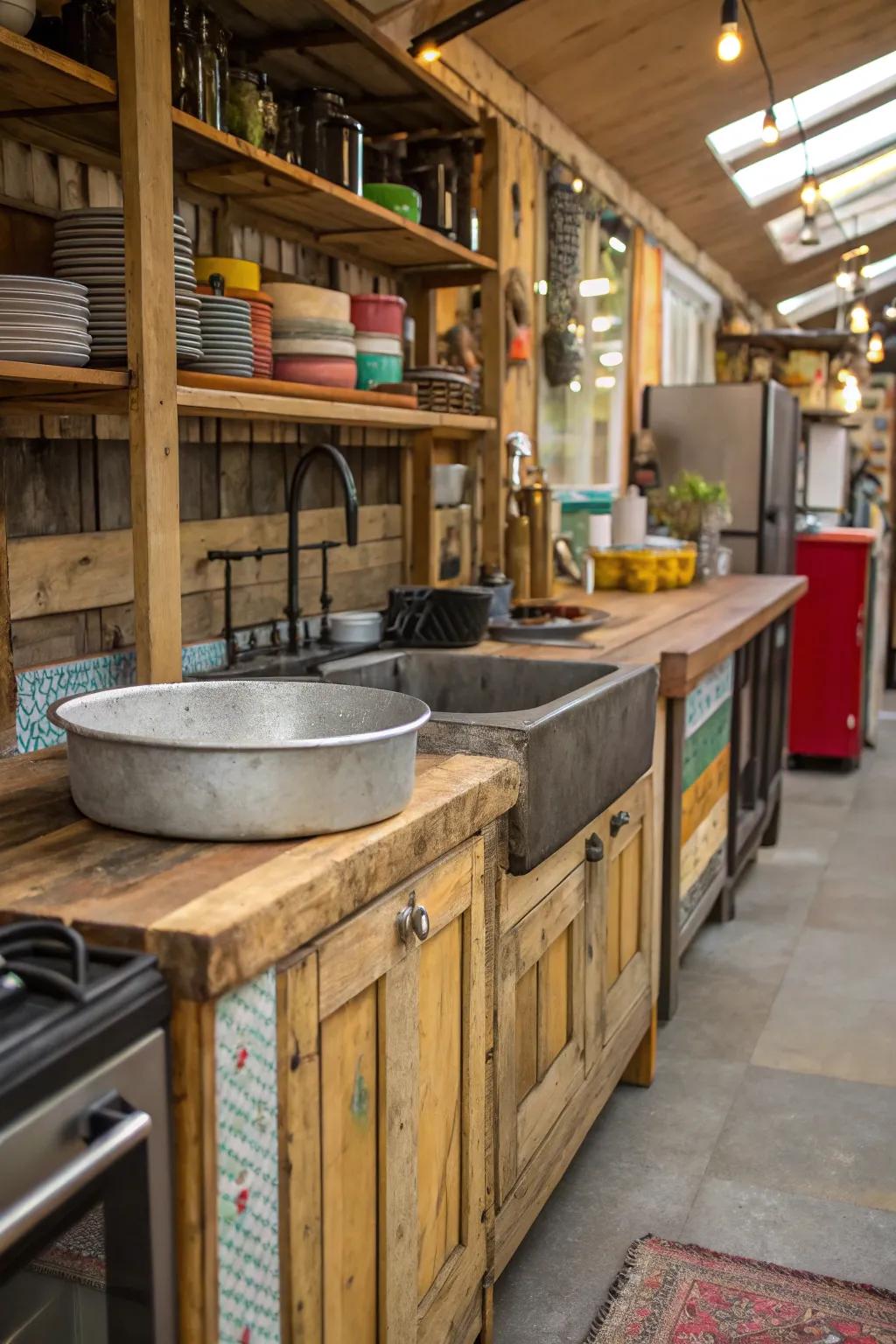 A diverse kitchen displaying a blend of materials using an unattached sink.