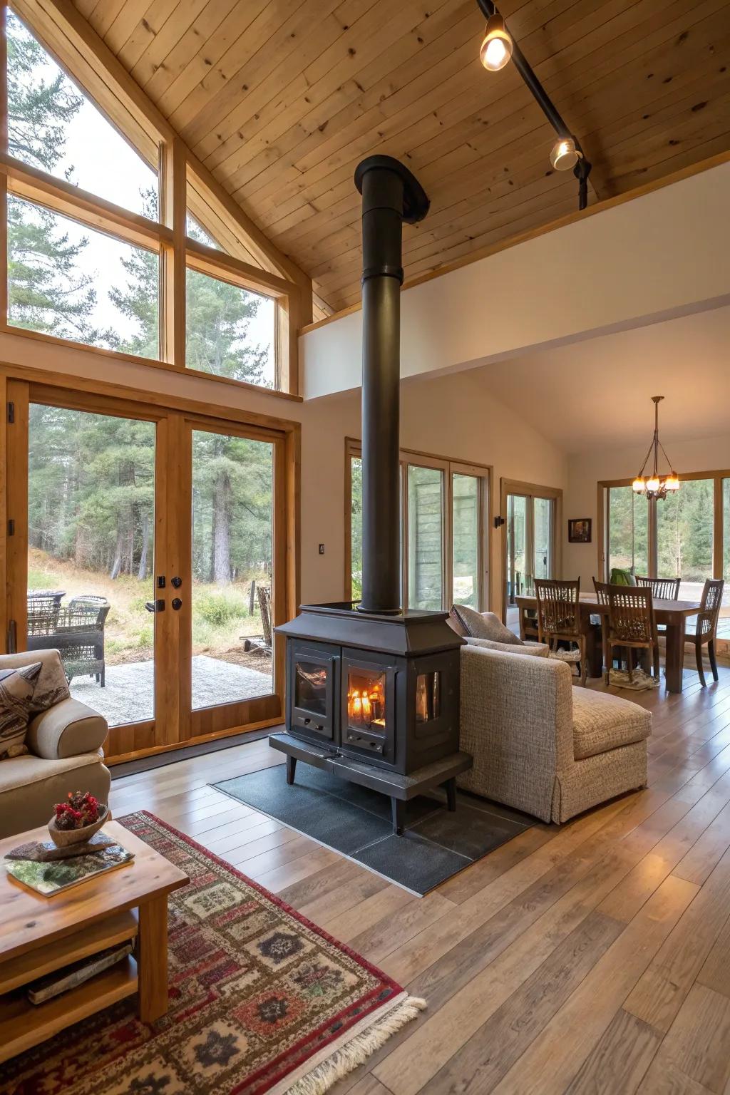 A dual-aspect burner elegantly heats two rooms at once.